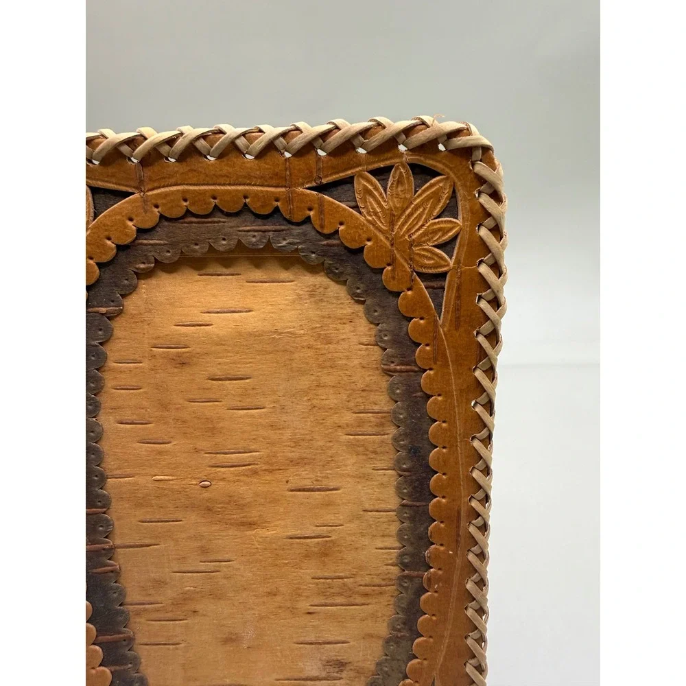 Vintage European MCM Birch Bark Photo Frame Hand Carved Floral 5.5x3.5 Rustic